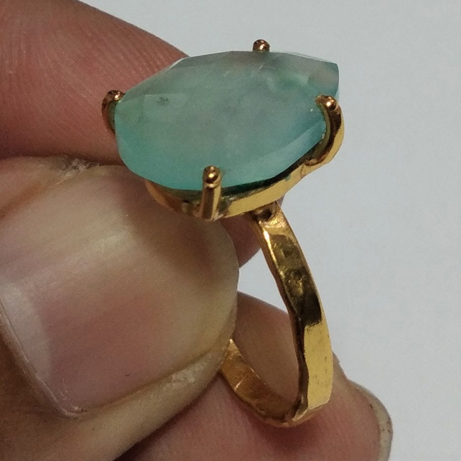 Natural Aqua Chalcedony Gemstone Ring, 925 Sterling 18k Gold Plated Silver Ring, Chalcedony Stone Size 14x10 mm Handmade Mother day Ring
